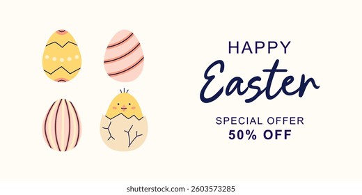 Happy Easter horizontal banner with 4 Easter Eggs on beige background. Design with text for discount. Happy Easter hand drawn card. Flat illustration with partial outline. Vector illustration.