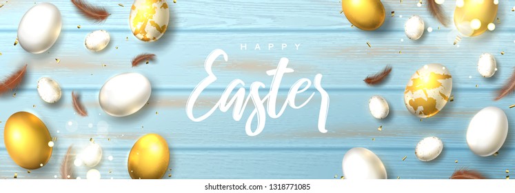 Happy Easter horizontal banner. Beautiful banner with realistic white and golden Easter eggs, sparkling golden confetti and feathers. Festive vector illustration.