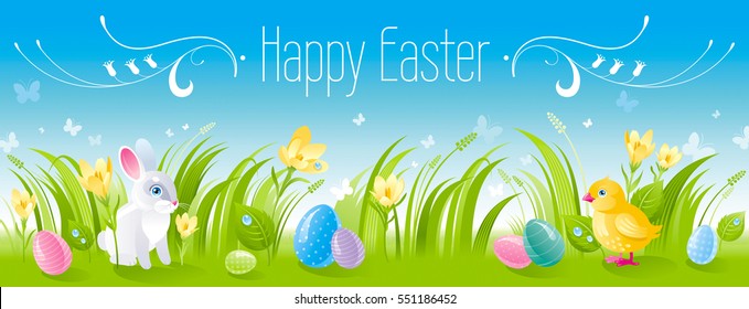 Happy Easter horizontal banner border. Spring landscape bunny rabbit, chicken, egg, crocus flower, grass, butterfly. Springtime nature. Text lettering. Vector illustration background. Greeting card