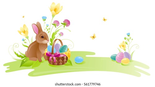 Happy Easter horizontal banner border. Spring landscape bunny rabbit, colored egg, crocus clover flower, grass, butterfly. Springtime nature. Vector illustration background. Greeting card