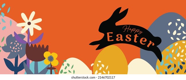 Happy Easter horizontal banner with bunnies .eggs and flowers; over red background.Easter background,card .