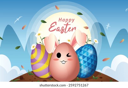 Happy Easter Horizontal Banner. Easter Bunny Eggs with Daisies and Leaves Against an Open Hill Spring Background. Cartoon Vector Artwork.