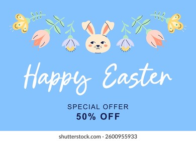 Happy Easter horizontal banner with bunny and flowers on blue background. Design with text for discount. Happy Easter hand drawn card. Flat illustration with partial outline. Vector illustration.