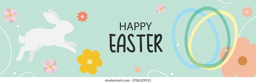 Feliz Anuncio Horizontal de Pascua con conejito, flores y Elementos abstractos.
