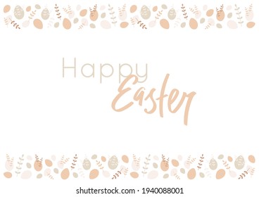 Happy Easter horizontal banner, card with text, lettering and pattern border with flat eggs and branches. Vector illustration with frame isolated on white background. Ornament with leaves