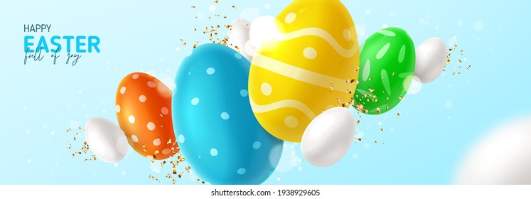 Happy Easter horizontal banner. Color eggs with Easter decoration, white eggs and golden confetti on blue background. Vector illustration with 3d decorative objects.