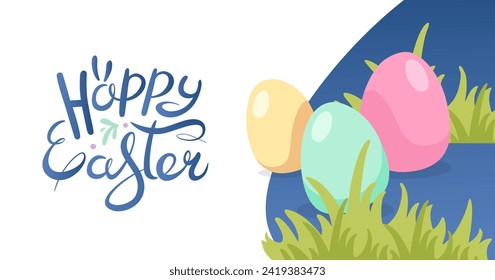 Happy Easter horizontal banner. Colored Easter eggs on grass and hand drawn lettering. Simple blue greeting banner. Festive background for invitations. Vector flat illustration.