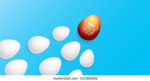 Happy easter horizontal banner with colorful golden egg and white eggs isolated on blue background. Vector Happy easter creative concept illustration