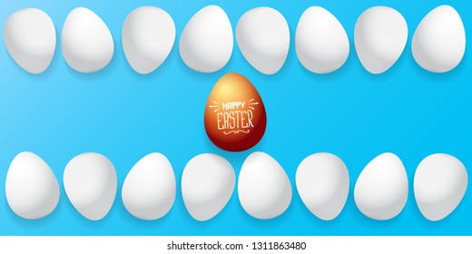 Happy easter horizontal banner with colorful golden egg and white eggs isolated on blue background. Vector Happy easter creative concept illustration