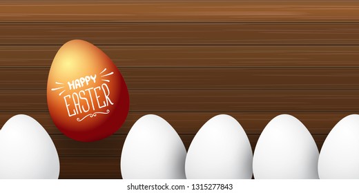 Happy easter horizontal banner with colorful golden egg and white eggs isolated on wooden  background. Vector Happy easter creative concept illustration