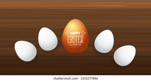 Happy easter horizontal banner with colorful golden egg and white eggs isolated on wooden  background. Vector Happy easter creative concept illustration