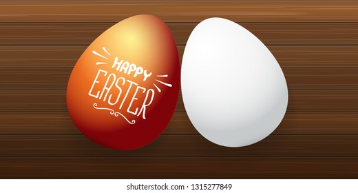 Happy easter horizontal banner with colorful golden egg and white eggs isolated on wooden  background. Vector Happy easter creative concept illustration
