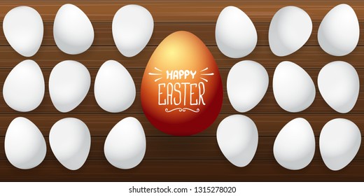 Happy easter horizontal banner with colorful golden egg and white eggs isolated on wooden  background. Vector Happy easter creative concept illustration