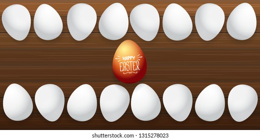 Happy easter horizontal banner with colorful golden egg and white eggs isolated on wooden  background. Vector Happy easter creative concept illustration