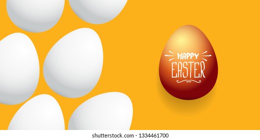 Happy easter horizontal banner with colorful golden egg and white eggs flat lay on orange background. Vector Happy easter creative concept illustration