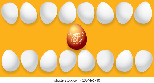 Happy easter horizontal banner with colorful golden egg and white eggs flat lay on orange background. Vector Happy easter creative concept illustration