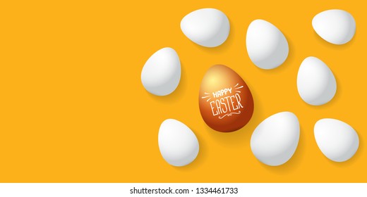 Happy easter horizontal banner with colorful golden egg and white eggs flat lay on orange background. Vector Happy easter creative concept illustration