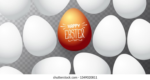 Happy easter horizontal banner with colorful golden egg and white eggs flat lay on transparent background. Vector Happy easter creative concept illustration