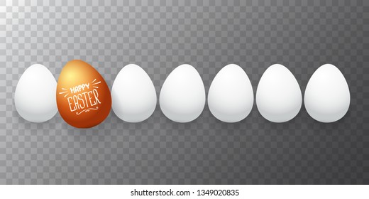 Happy easter horizontal banner with colorful golden egg and white eggs flat lay on transparent background. Vector Happy easter creative concept illustration