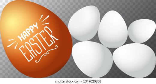 Happy easter horizontal banner with colorful golden egg and white eggs flat lay on transparent background. Vector Happy easter creative concept illustration