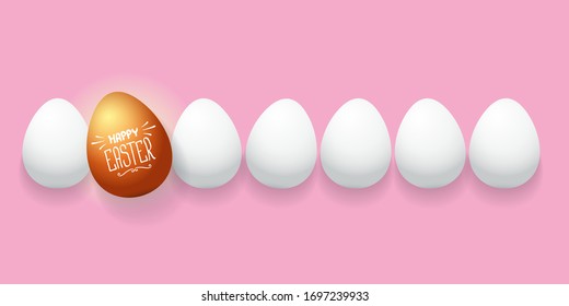 Happy easter horizontal banner with colorful golden egg on soft pink transparent background. Vector Happy easter creative concept illustration