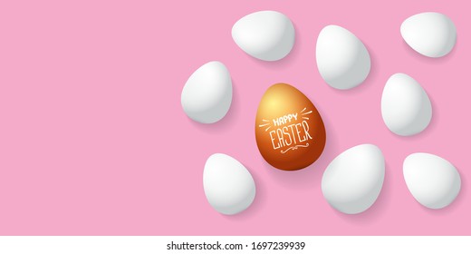 Happy easter horizontal banner with colorful golden egg on soft pink transparent background. Vector Happy easter creative concept illustration