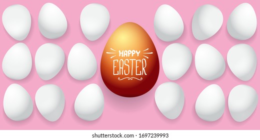 Happy easter horizontal banner with colorful golden egg on soft pink transparent background. Vector Happy easter creative concept illustration