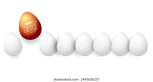 Happy easter horizontal banner with colorful golden egg and white eggs flat lay on white transparent background. Vector Happy easter creative concept illustration