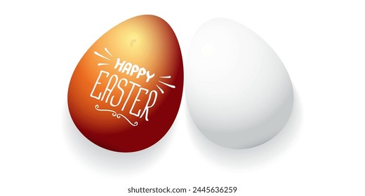 Happy easter horizontal banner with colorful golden egg and white eggs flat lay on white transparent background. Vector Happy easter creative concept illustration
