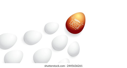 Happy easter horizontal banner with colorful golden egg and white eggs flat lay on white transparent background. Vector Happy easter creative concept illustration