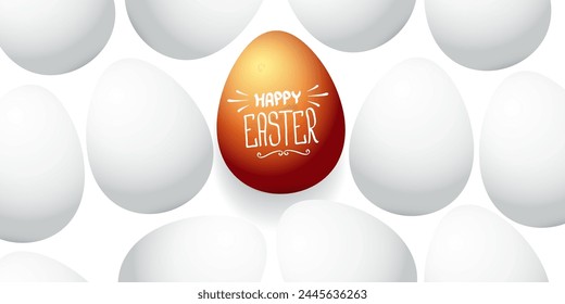 Happy easter horizontal banner with colorful golden egg and white eggs flat lay on white transparent background. Vector Happy easter creative concept illustration