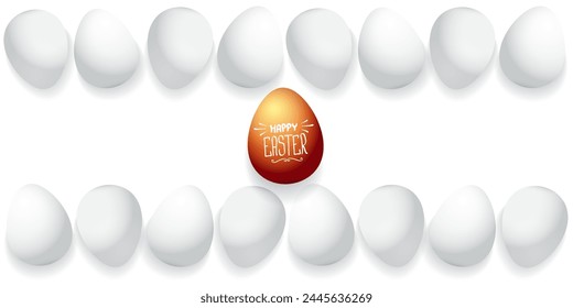 Happy easter horizontal banner with colorful golden egg and white eggs flat lay on white transparent background. Vector Happy easter creative concept illustration