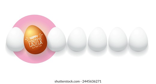 Happy easter horizontal banner with colorful golden egg and white eggs flat lay on white transparent background. Vector Happy easter creative concept illustration
