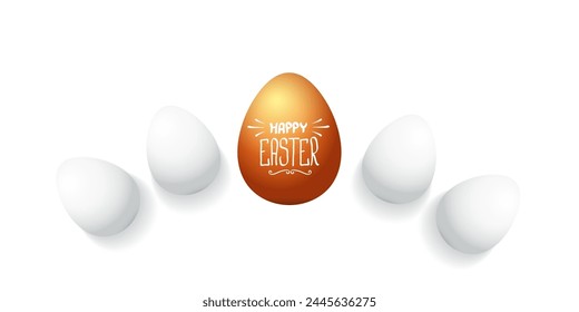 Feliz Anuncio Horizontal de Pascua con huevo de oro colorido y huevos blancos sobre fondo blanco transparente. Vector Feliz Pascua ilustración de concepto creativo