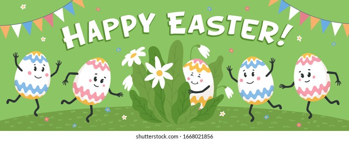 Happy easter horizontal banner or cover. Colored eggs with cute faces dancing on a green lawn. Easter eggs friends with funny faces. Egg hunt. Flat style vector illustration