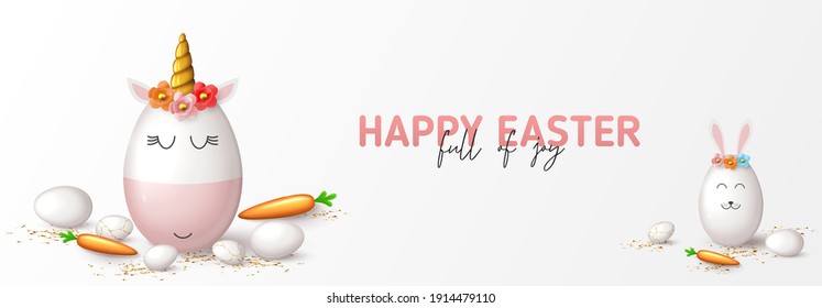 Happy Easter horizontal banner. Cute unicorn and rabbit from eggs, white eggs, carrots and confetti. Vector illustration with 3d decorative objects for Easter design. Greeting card.