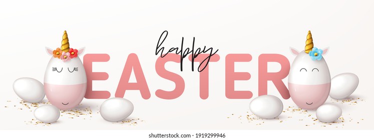 Happy Easter horizontal banner. Cute unicorns from eggs with gold horns, white eggs, carrots and gold confetti. Vector illustration with 3d decorative objects for Easter design.