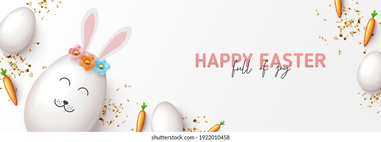 Happy Easter horizontal banner. Cute rabbit from egg with color flowers, white eggs, carrots and gold confetti. Vector illustration with 3d decorative objects for Easter design. Greeting card.