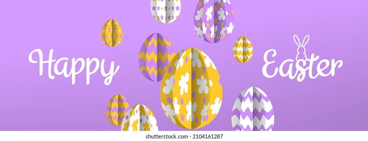 happy easter horizontal  banner design with paper cut decorative eggs on purple background