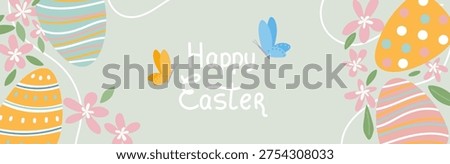 Happy Easter horizontal banner. Easter eggs, spring flowers, and butterflies vector background for holiday greeting cards, social media, and seasonal marketing