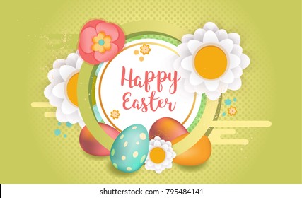 Happy Easter horizontal banner. Flyer design frame decorated with flowers and easter eggs. Vector illustration. Colorful Easter sale banner template with text, eggs and flowers.
