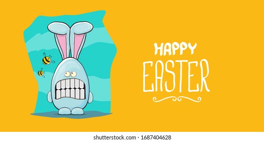 Happy easter horizontal banner with  funny cartoon smiling blue bunny . Easter hand drawn greeting card or poster with funky rabbit.