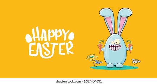 Happy easter horizontal banner with  funny cartoon smiling blue bunny . Easter hand drawn greeting card or poster with funky rabbit.
