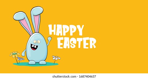 Frohe Osterwaagerechte Banner mit lustigem Cartoon lächelnd blauen Bunny . Osterhandgezeichnete Grußkarte oder Poster mit funky Kaninchen.