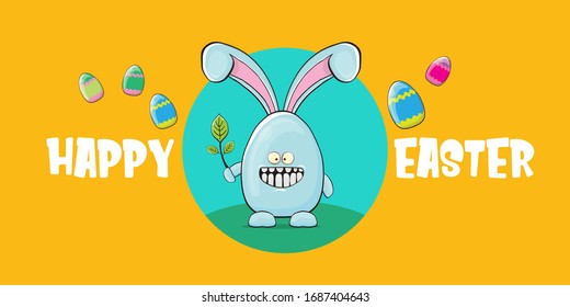 Happy easter horizontal banner with  funny cartoon smiling blue bunny . Easter hand drawn greeting card or poster with funky rabbit.