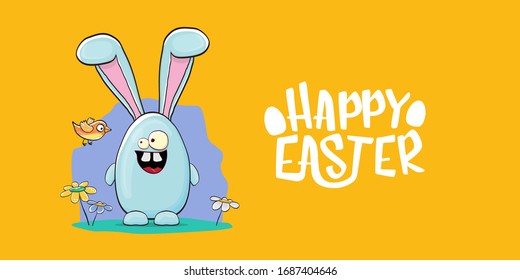Happy easter horizontal banner with  funny cartoon smiling blue bunny . Easter hand drawn greeting card or poster with funky rabbit.