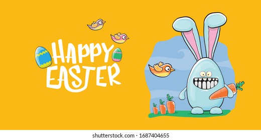 Happy easter horizontal banner with  funny cartoon smiling blue bunny . Easter hand drawn greeting card or poster with funky rabbit.