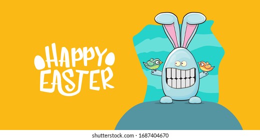 Happy easter horizontal banner with  funny cartoon smiling blue bunny . Easter hand drawn greeting card or poster with funky rabbit.