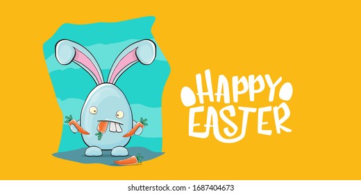 Happy easter horizontal banner with  funny cartoon smiling blue bunny . Easter hand drawn greeting card or poster with funky rabbit.