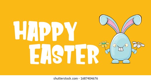 Happy easter horizontal banner with  funny cartoon smiling blue bunny . Easter hand drawn greeting card or poster with funky rabbit.